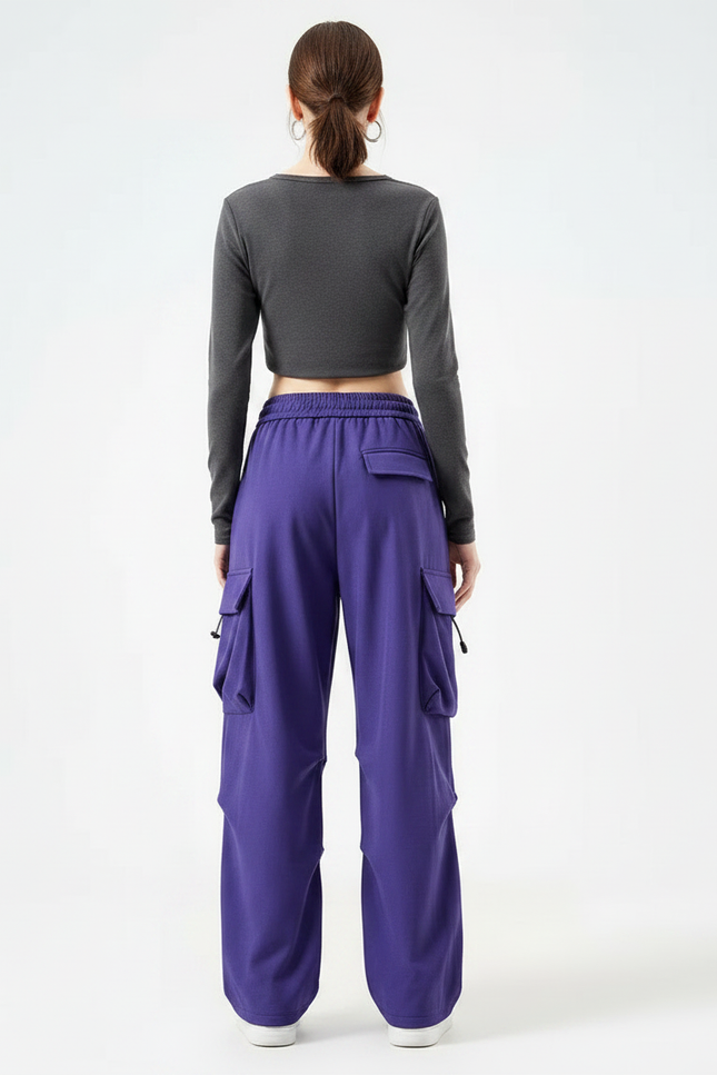 Pantalon Parachute Violet Cargo Ample Taille Haute - Molleton - vue 2