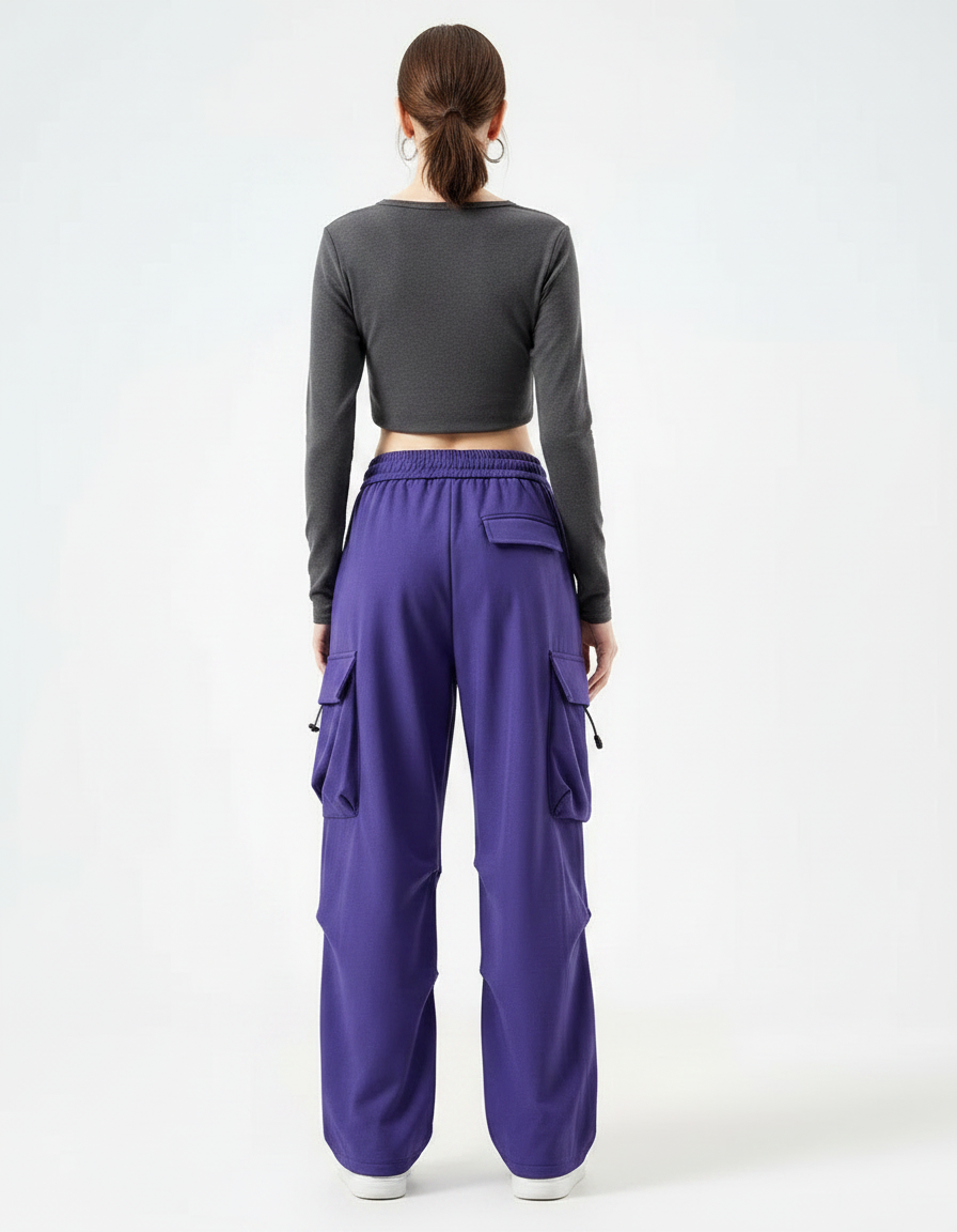Pantalon Parachute Violet Cargo Ample Taille Haute - Molleton - vue 2