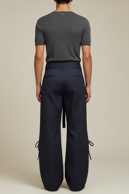 Pantalon Parachute Bleu Marine Ample À Nœuds - Toile - vue 2