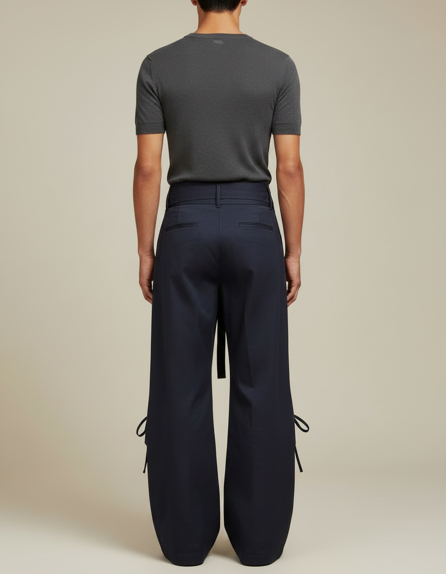 Pantalon Parachute Bleu Marine Ample À Nœuds - Toile - vue 2