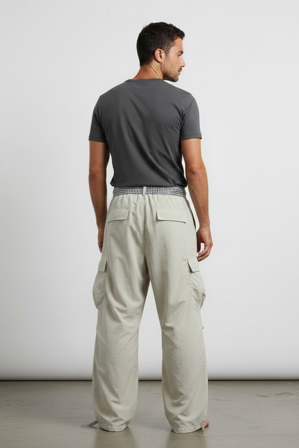 Pantalon Parachute Beige Ample Cargo Cordon Léger - Polyester - vue 2