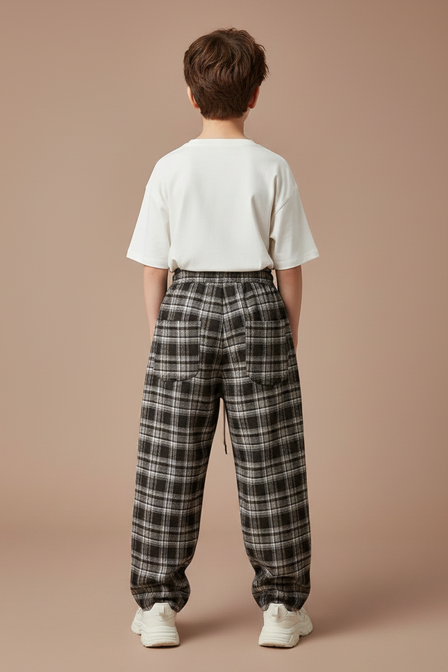 Pantalon Parachute Plaid Noir Ample Cordon Décontracté - Tweed - vue 2