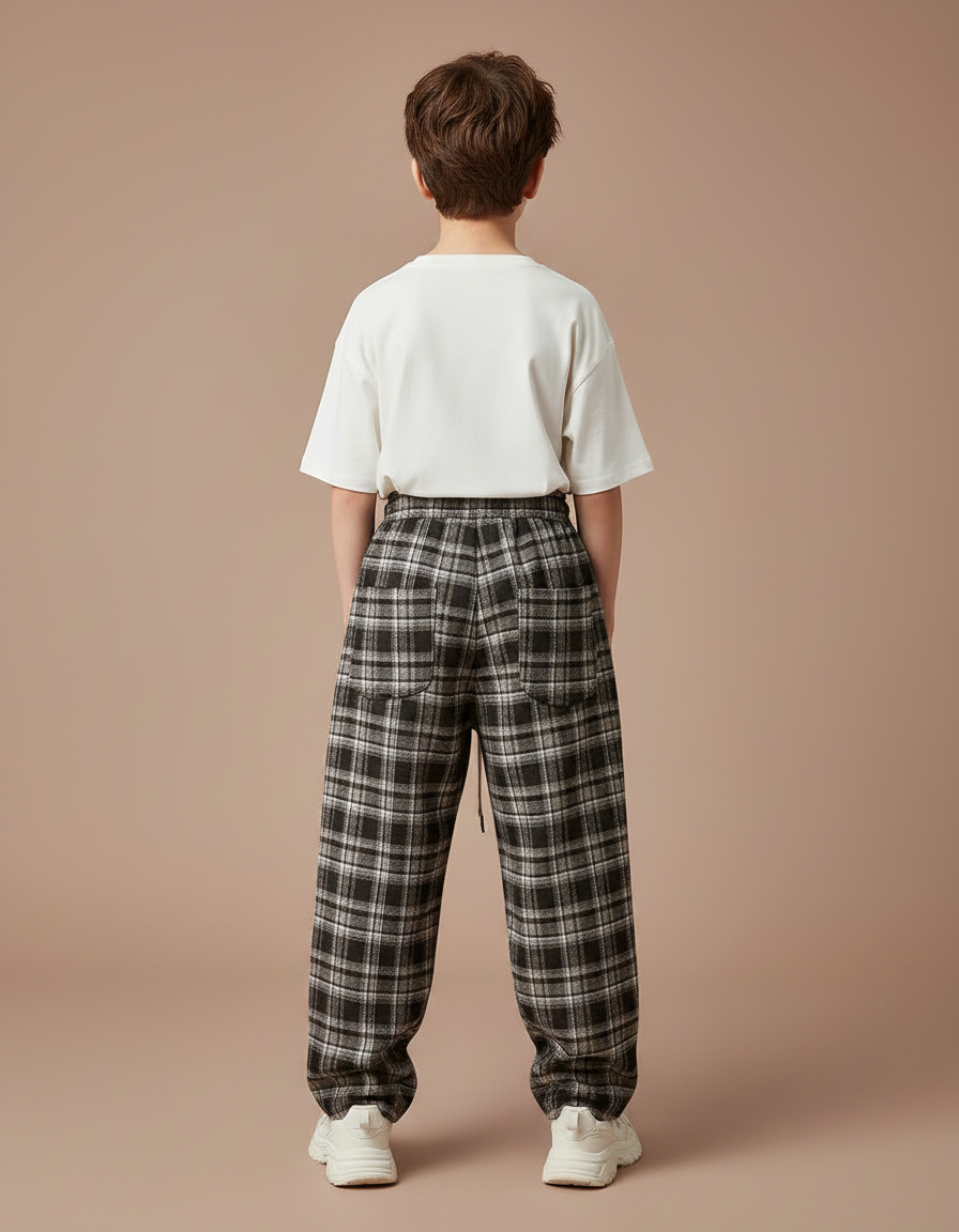Pantalon Parachute Plaid Noir Ample Cordon Décontracté - Tweed - vue 2