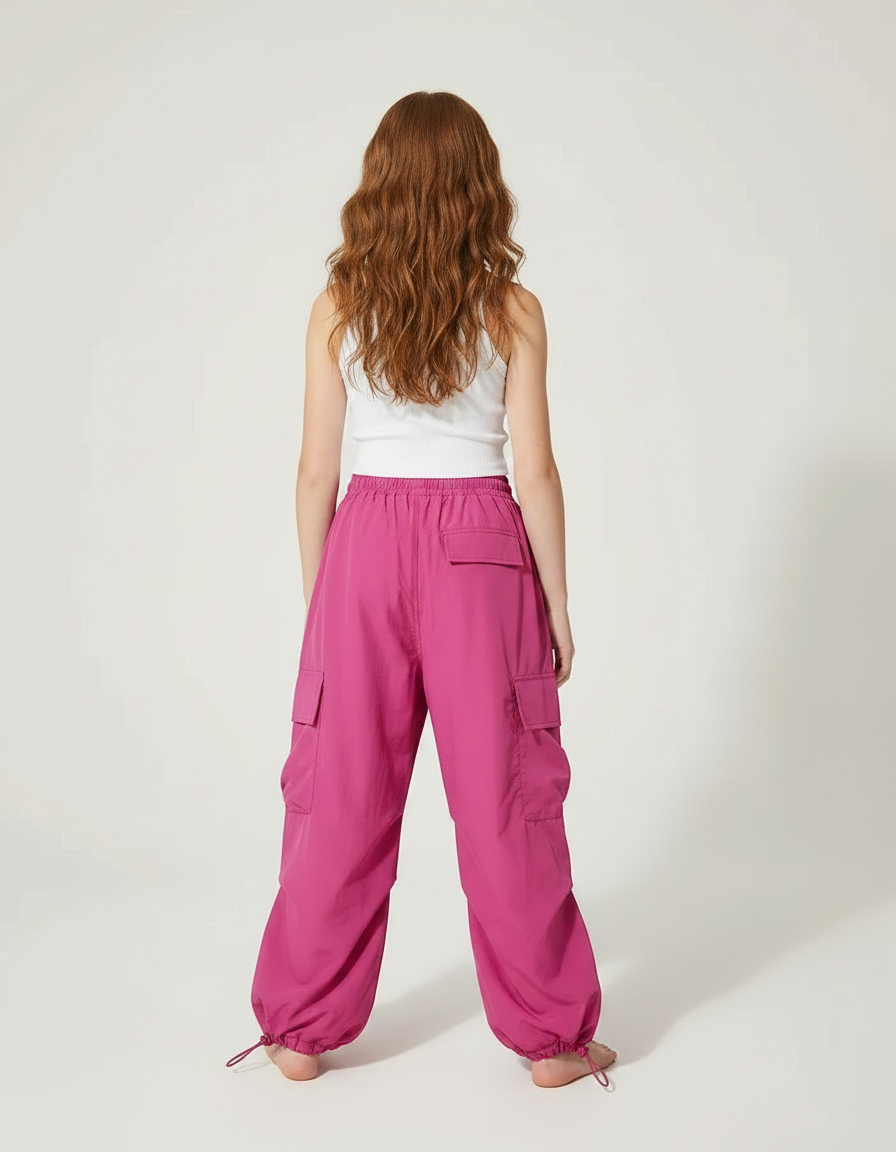 Pantalon Parachute Fuschia Cargo Ample Fille - Rose Polyester - vue 2
