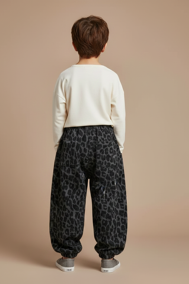 Pantalon Parachute Léopard Gris Ample Molletonné Enfant - vue 2