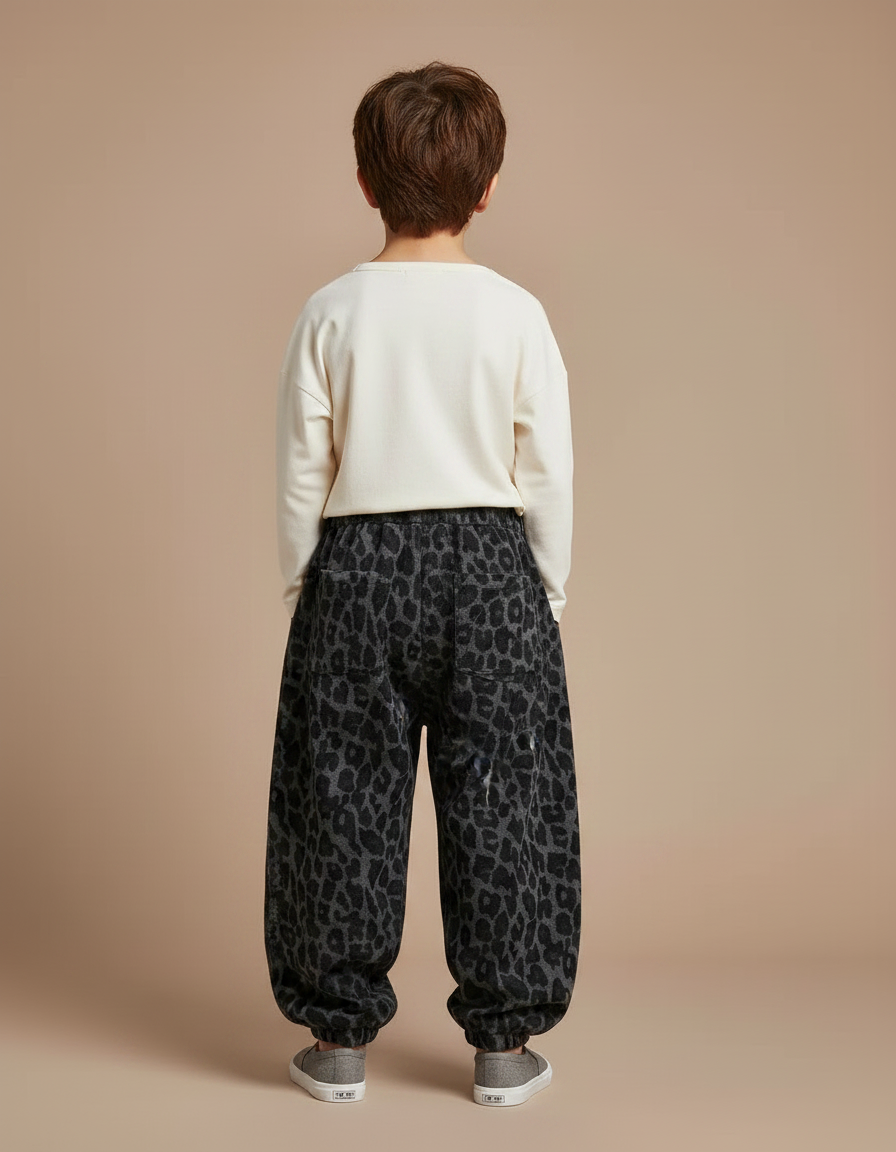 Pantalon Parachute Léopard Gris Ample Molletonné Enfant - vue 2