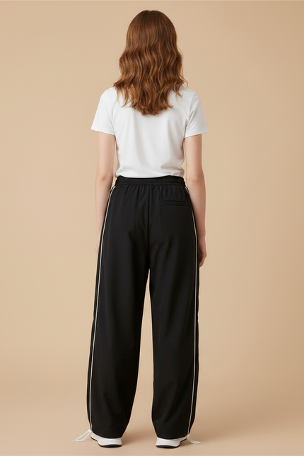 Pantalon Parachute Noir Coupe Large Rayures Blanc - Polyester - vue 2