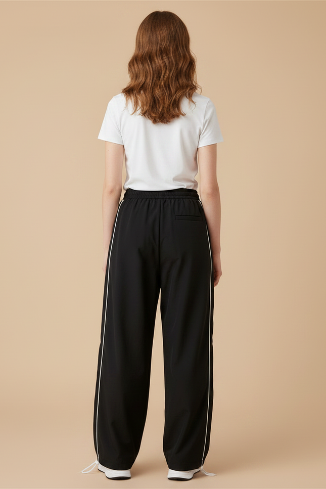 Pantalon Parachute Noir Coupe Large Rayures Blanc - Polyester - vue 2