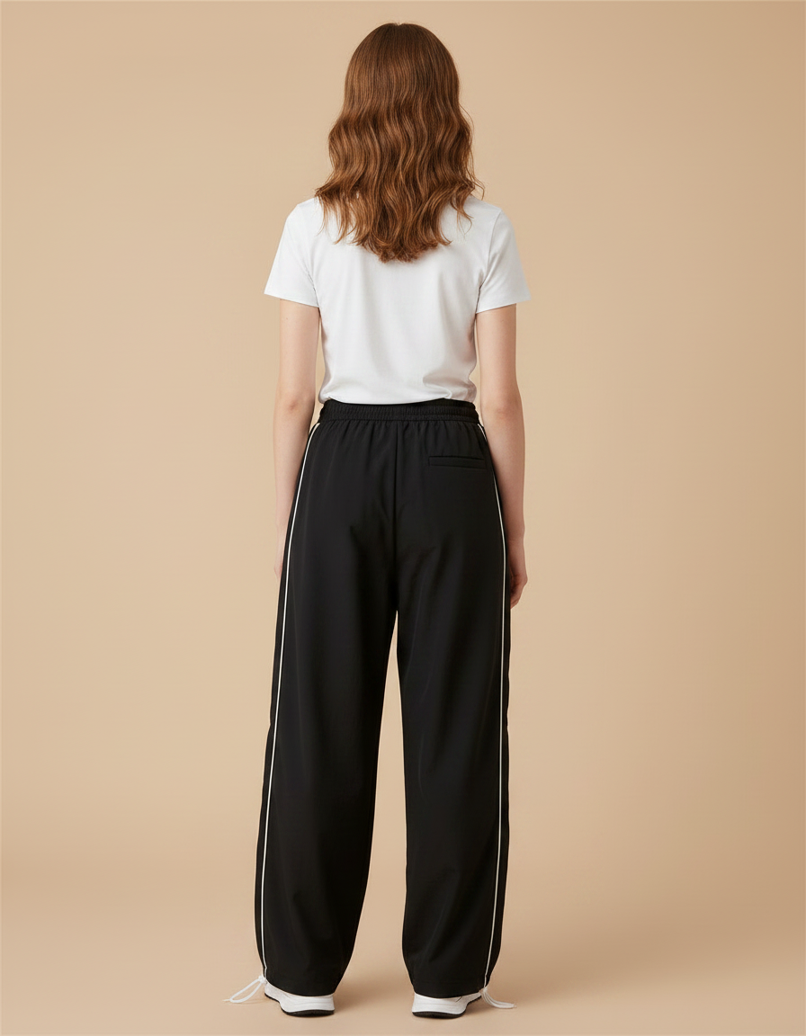 Pantalon Parachute Noir Coupe Large Rayures Blanc - Polyester - vue 2