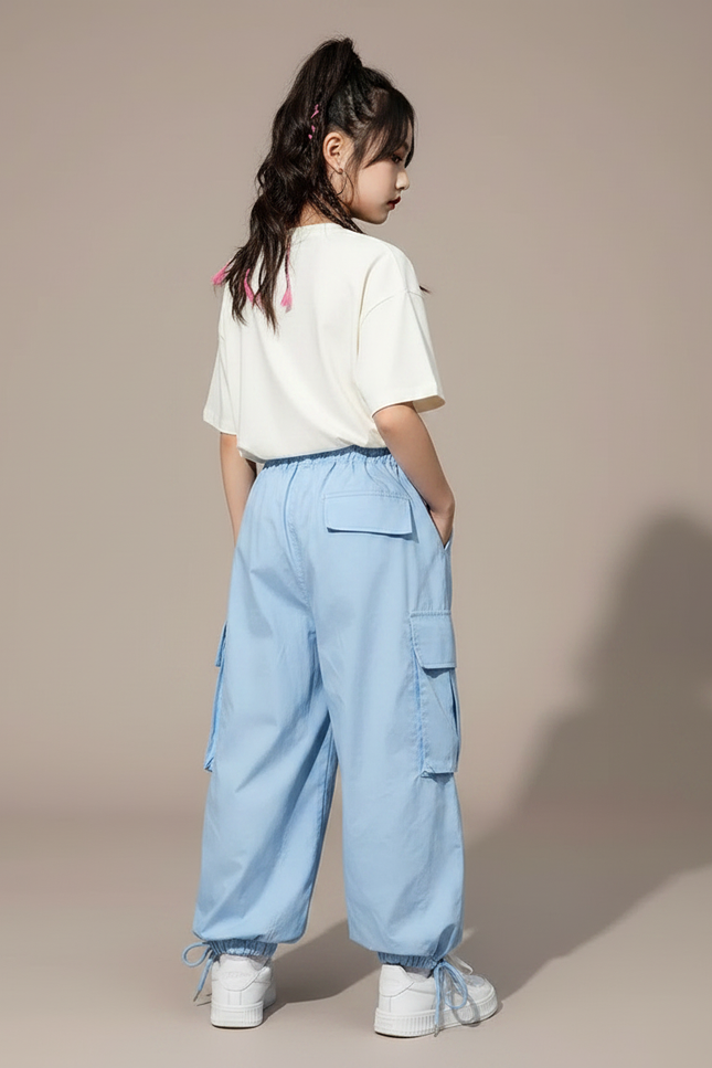 Pantalon Parachute Bleu Ciel Ample Cargo Fille Décontracté - Polyester - vue 2