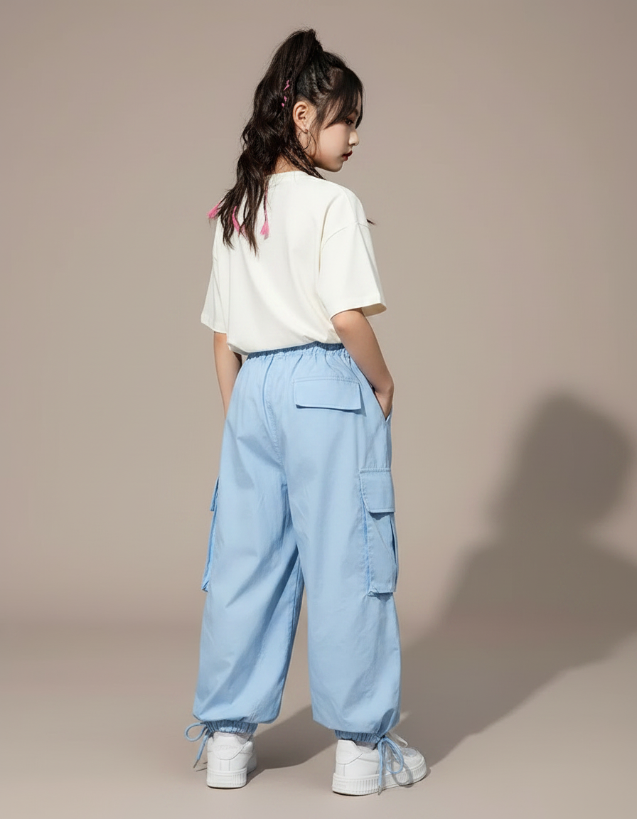 Pantalon Parachute Bleu Ciel Ample Cargo Fille Décontracté - Polyester - vue 2