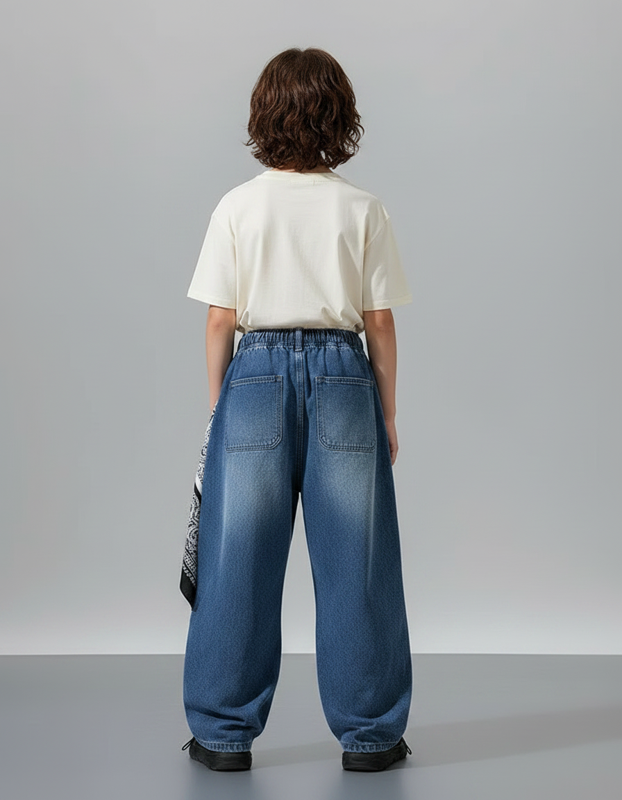 Pantalon Parachute Denim Bleu Délavé Cargo Enfant - Jean - vue 2