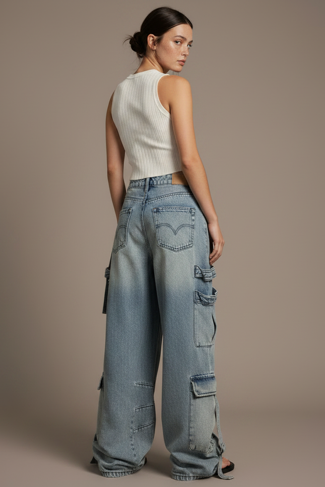 Pantalon Parachute Jean Ample Délavé Multipoches Cargo Femme - Bleu - vue 2