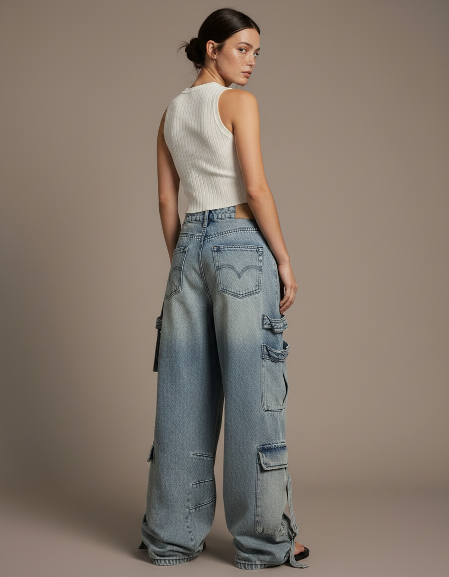 Pantalon Parachute Jean Ample Délavé Multipoches Cargo Femme - Bleu - vue 2