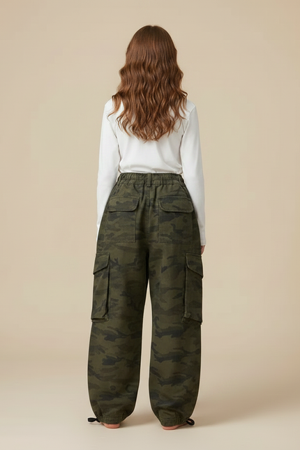 Pantalon Parachute Camouflage Cargo Ample Vert Fille - Toile - vue 2