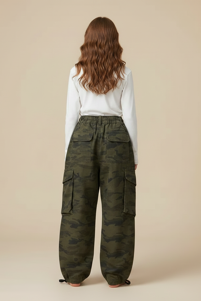 Pantalon Parachute Camouflage Cargo Ample Vert Fille - Toile - vue 2