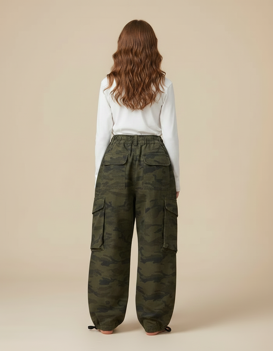 Pantalon Parachute Camouflage Cargo Ample Vert Fille - Toile - vue 2