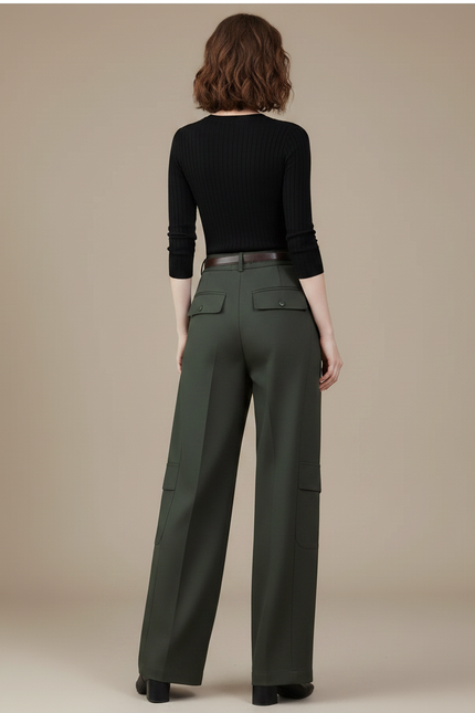 Pantalon Parachute Vert Militaire Ample Taille Haute - Kaki Gabardine - vue 2