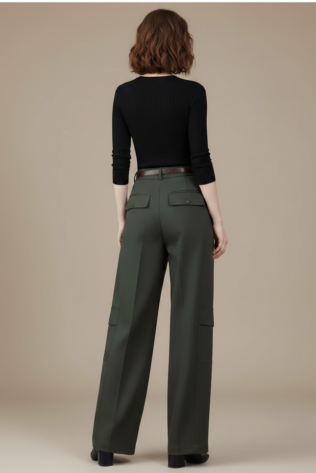 Pantalon Parachute Vert Militaire Ample Taille Haute - Kaki Gabardine - vue 2