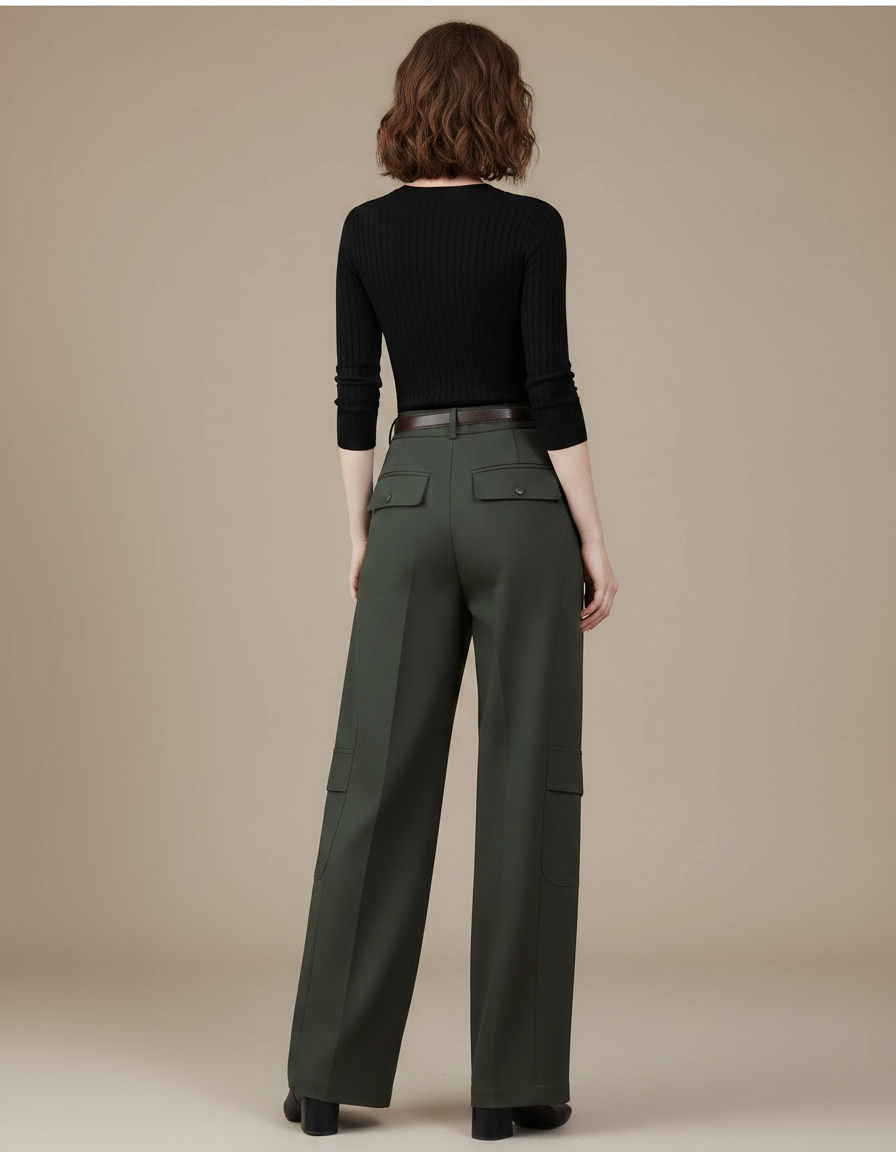 Pantalon Parachute Vert Militaire Ample Taille Haute - Kaki Gabardine - vue 2