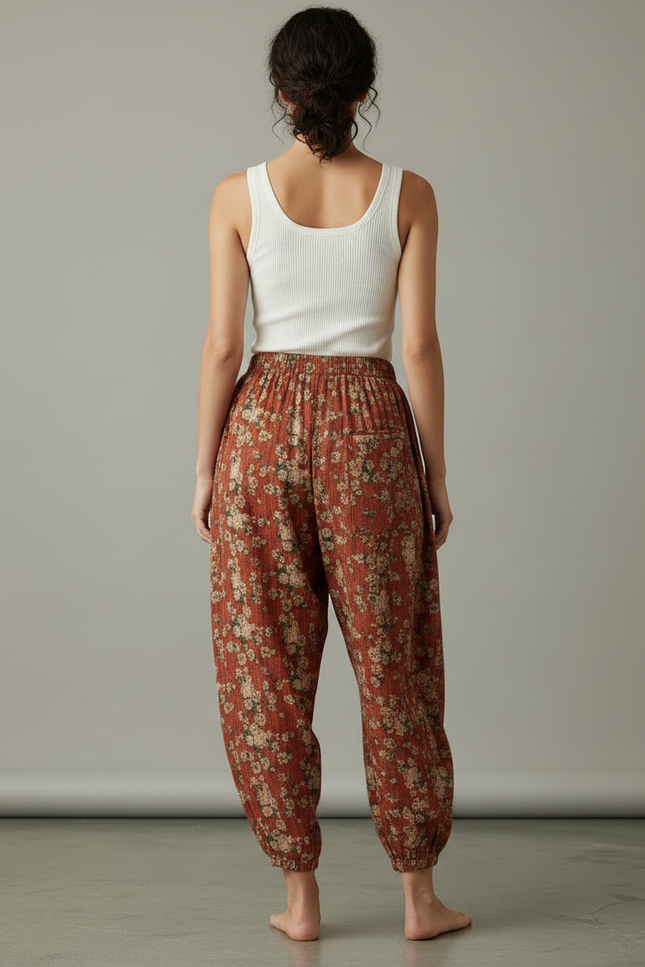 Pantalon Parachute Fleuri Coton Lin Ample Élastique - Imprimé - vue 2