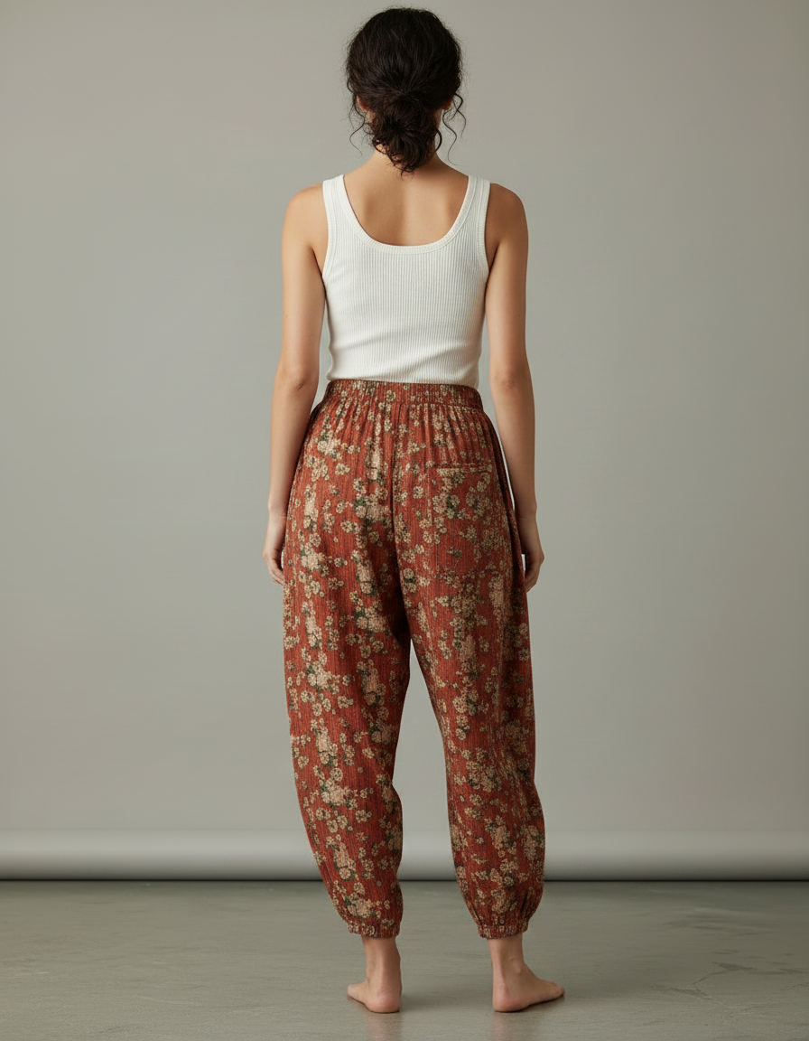 Pantalon Parachute Fleuri Coton Lin Ample Élastique - Imprimé - vue 2