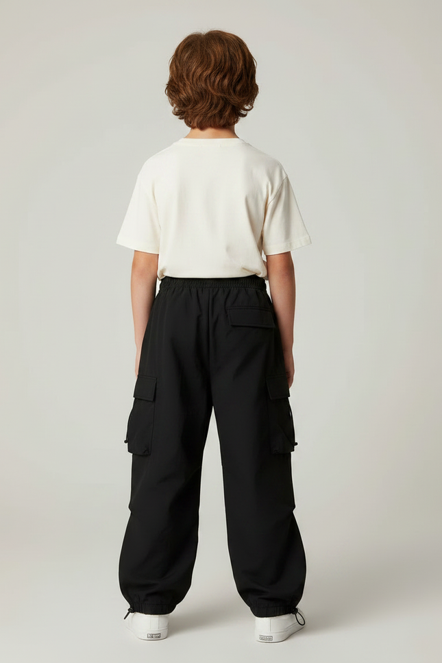 Pantalon Parachute Noir Ample Cargo Cordon - Polyester - vue 2