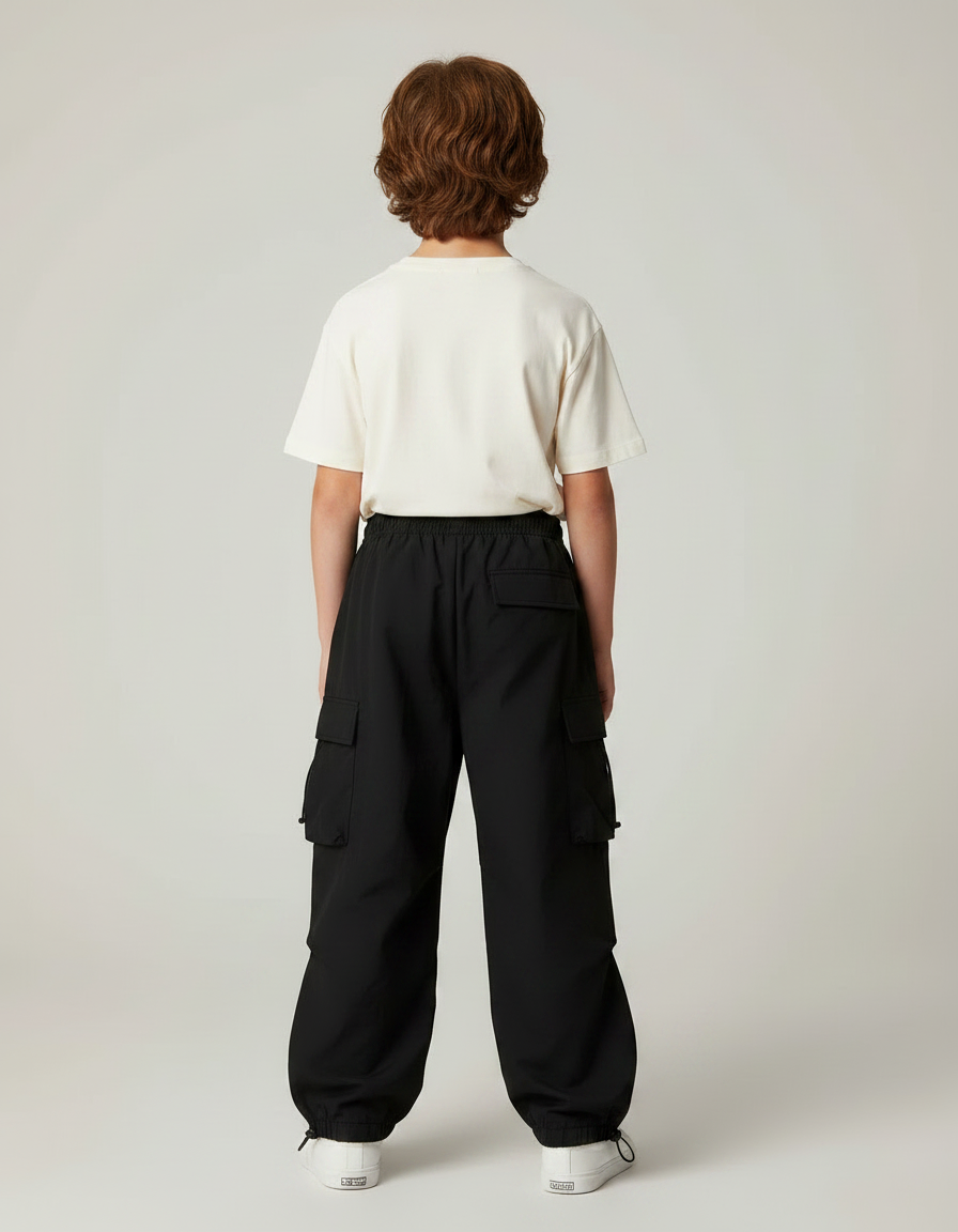 Pantalon Parachute Noir Ample Cargo Cordon - Polyester - vue 2
