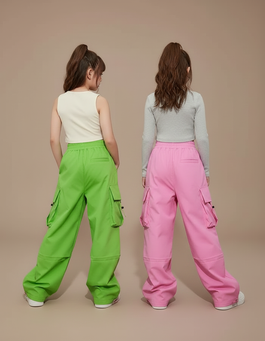 Pantalon Parachute Cargo Ample Fluide Fille - Vert Polyester - vue 2