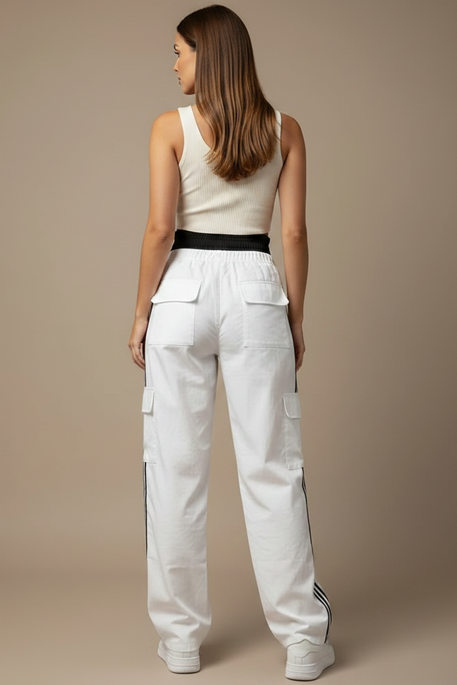 Pantalon Parachute Blanc Cargo Bandes Latérales Femme Ample - Toile - vue 2