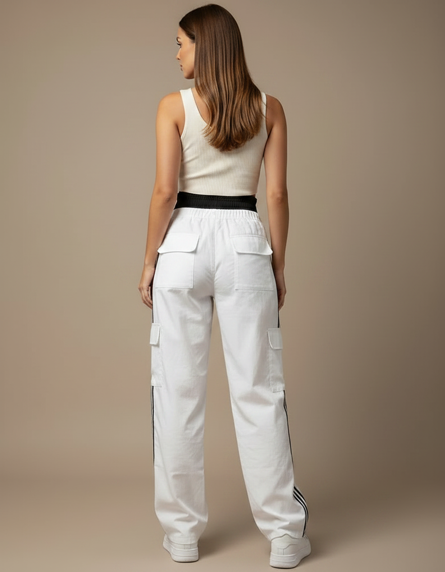 Pantalon Parachute Blanc Cargo Bandes Latérales Femme Ample - Toile - vue 2