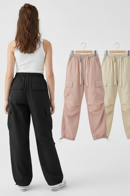 Pantalon Parachute Cargo Ample Décontracté Fille Cordon - Noir Polyester - vue 2