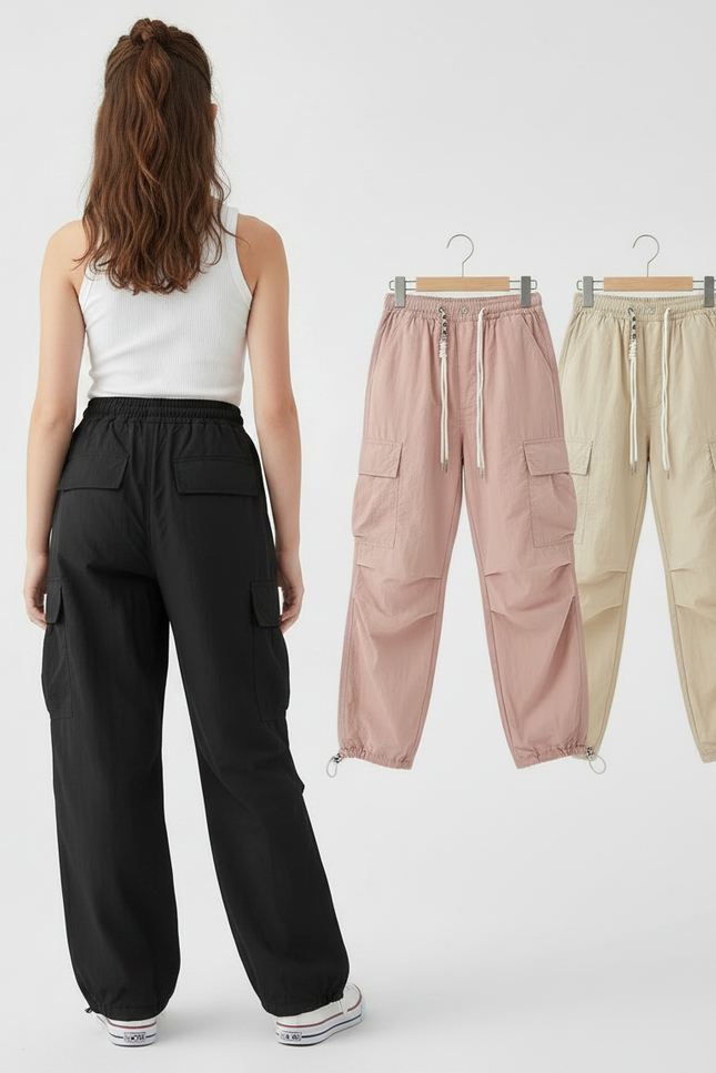 Pantalon Parachute Cargo Ample Décontracté Fille Cordon - Noir Polyester - vue 2