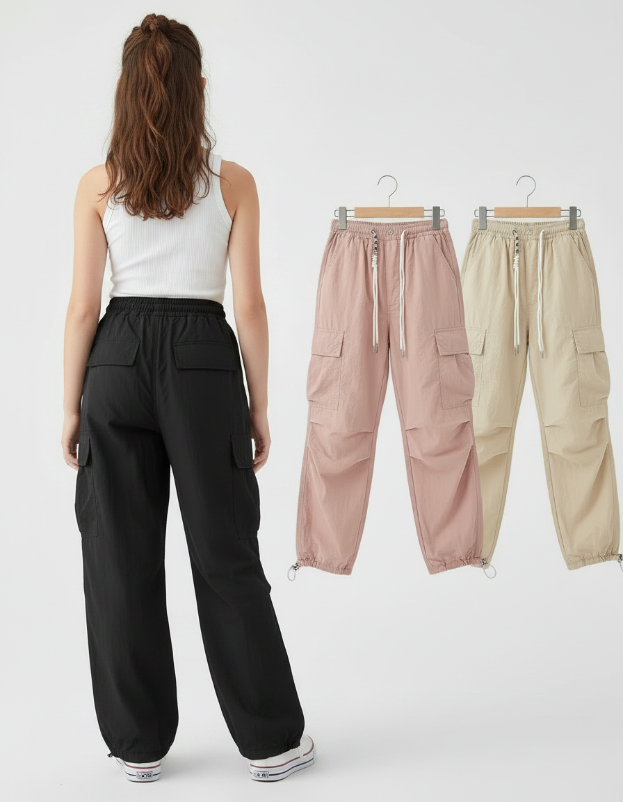 Pantalon Parachute Cargo Ample Décontracté Fille Cordon - Noir Polyester - vue 2