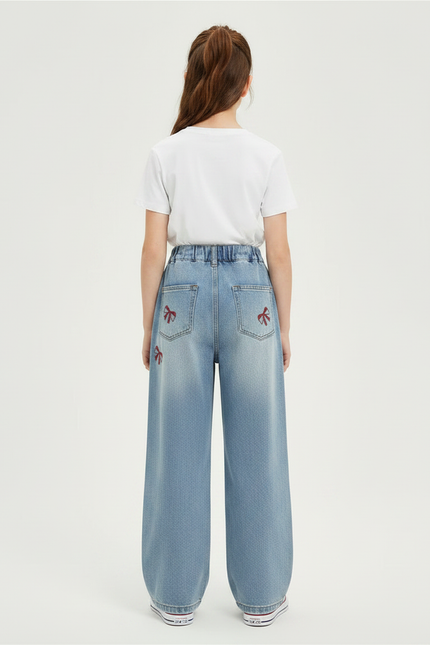Pantalon Parachute Denim Ample Nœuds Brodés Fille - Bleu Jean - vue 2
