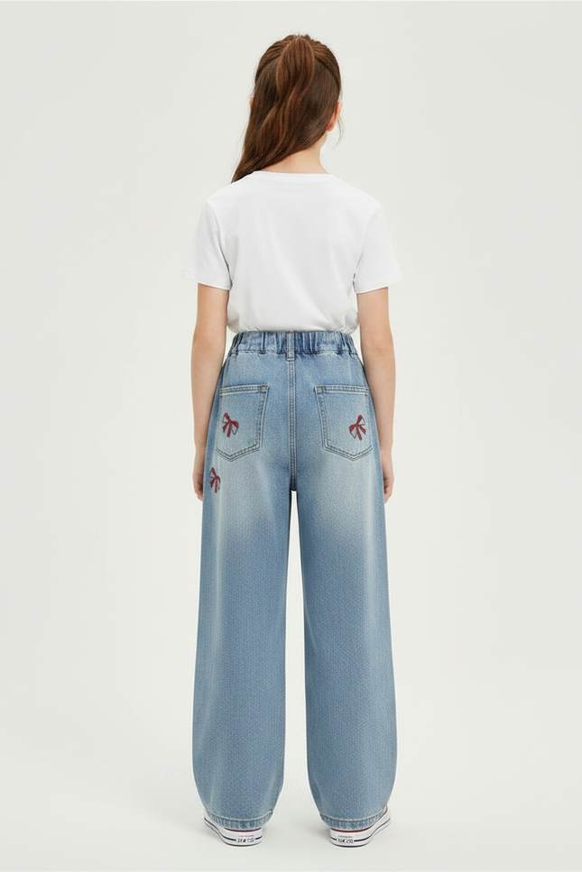Pantalon Parachute Denim Ample Nœuds Brodés Fille - Bleu Jean - vue 2