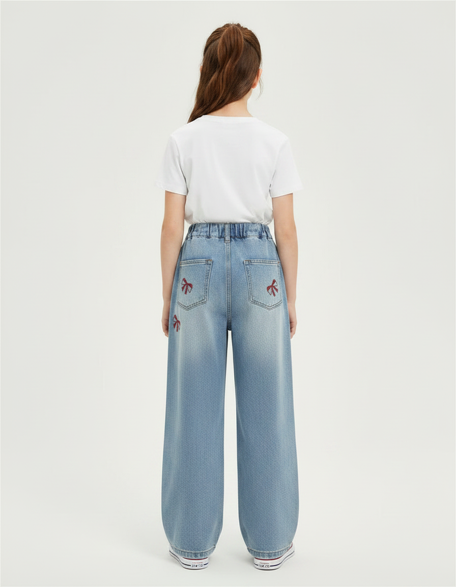 Pantalon Parachute Denim Ample Nœuds Brodés Fille - Bleu Jean - vue 2