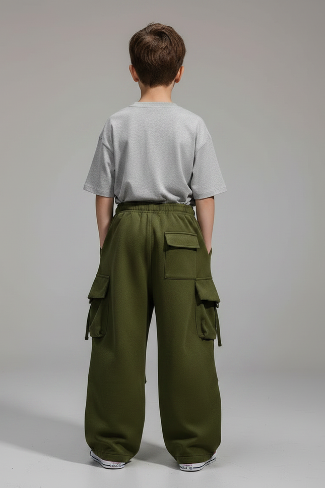 Pantalon Parachute Vert Kaki Cargo Ample Enfant - Molleton - vue 2