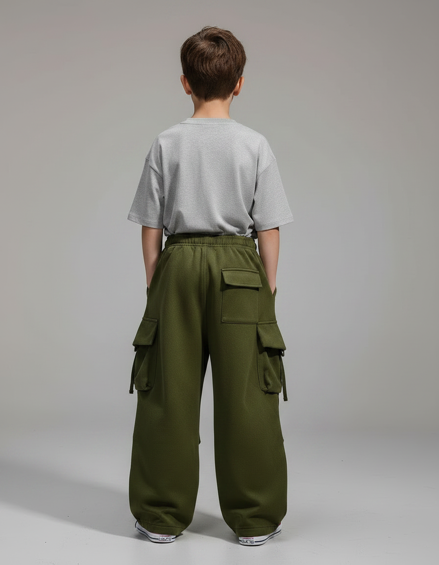 Pantalon Parachute Vert Kaki Cargo Ample Enfant - Molleton - vue 2