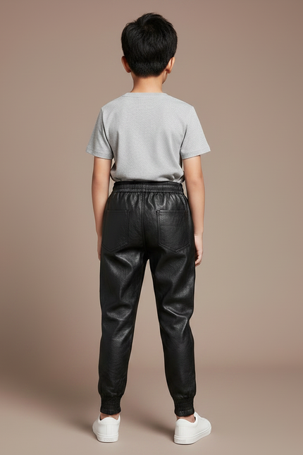 Pantalon Parachute Noir Cuir Ample Enfant Décontracté - vue 2