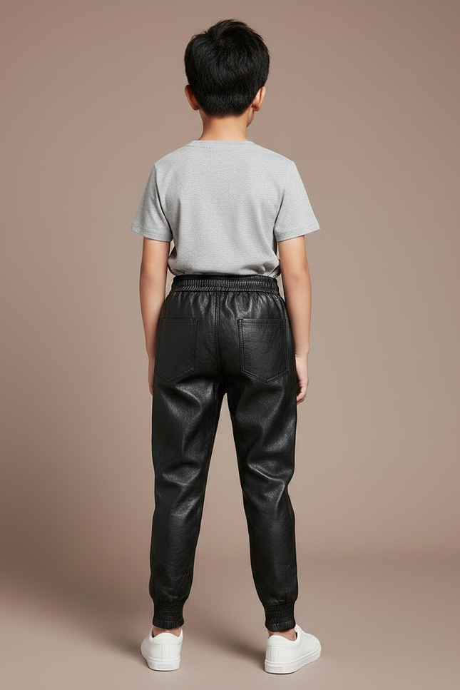 Pantalon Parachute Noir Cuir Ample Enfant Décontracté - vue 2