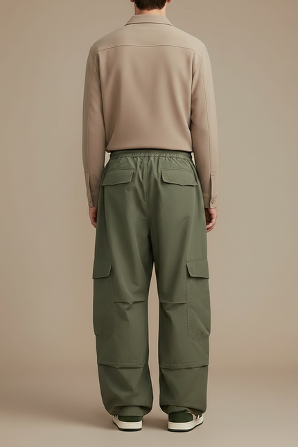 Pantalon Parachute Vert Cargo Ample Homme Décontracté - Kaki Polyester - vue 2
