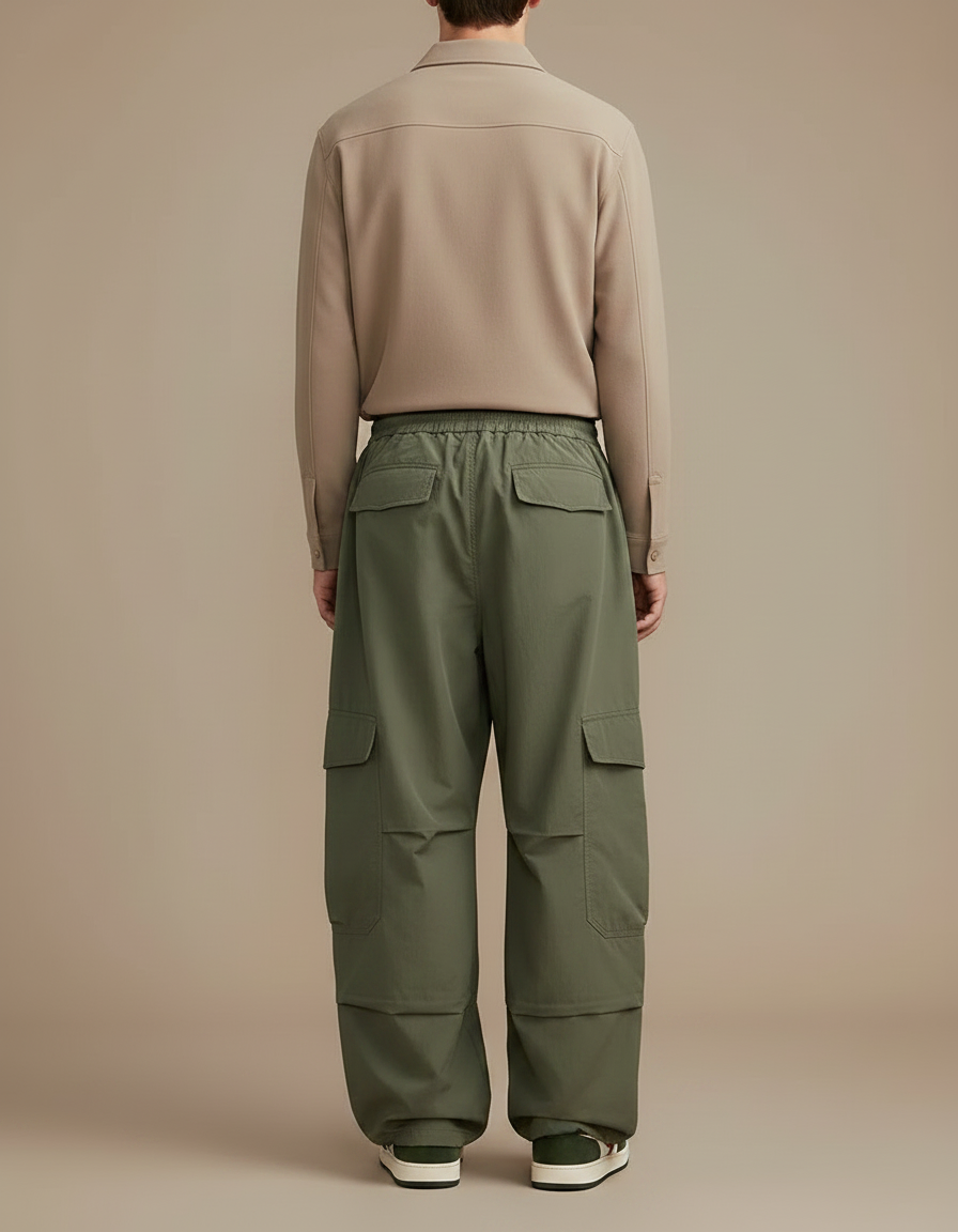 Pantalon Parachute Vert Cargo Ample Homme Décontracté - Kaki Polyester - vue 2