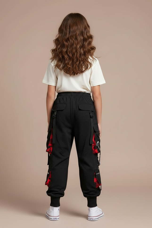 Pantalon Parachute Noir Cargo Ample Carreaux Rouges - Polyester - vue 2