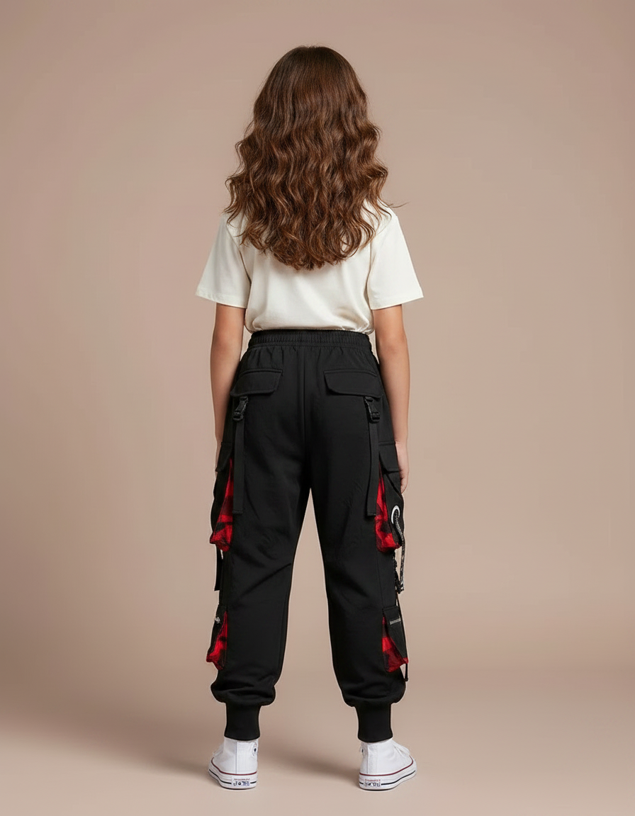 Pantalon Parachute Noir Cargo Ample Carreaux Rouges - Polyester - vue 2