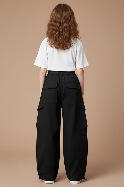 Pantalon Parachute Noir Ample Cargo Fille - Polyester - vue 2