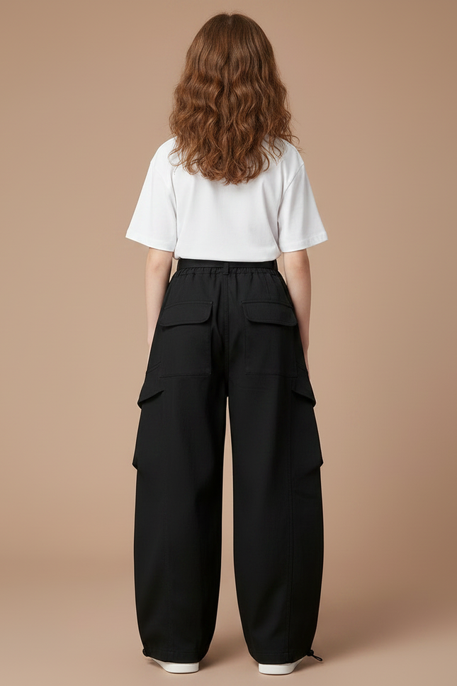 Pantalon Parachute Noir Ample Cargo Fille - Polyester - vue 2
