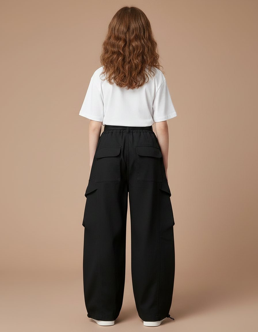 Pantalon Parachute Noir Ample Cargo Fille - Polyester - vue 2