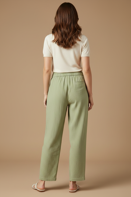 Pantalon Parachute Coton Lin Ample Droit Vert Femme - vue 2