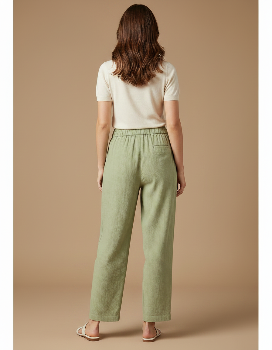 Pantalon Parachute Coton Lin Ample Droit Vert Femme - vue 2